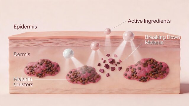 Diagram of cosmetic active ingredients penetrating dermis layer and breaking down dark melanin clusters
