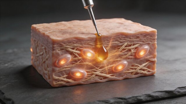 Syringe needle injecting collagen booster serum into skin dermis layer