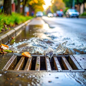 Water flowing into storm drain on wet street.