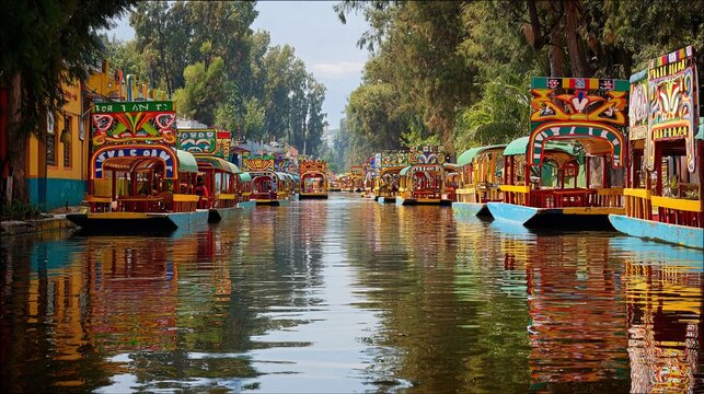 Colorful trajineras floating on Xochimilco canals, vibrant decorated boats, wide view, sunny day, Mexico City outdoor waterway