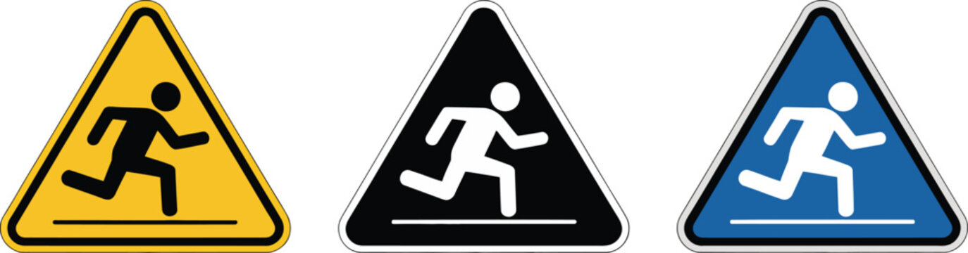 Slippery floor warning sign icon set, caution triangle icons with wet floor symbols for safety regulation and accident prevention signage.