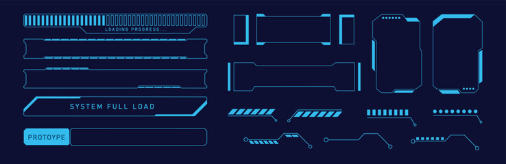 Sci-Fi HUD system loading and tech progress bar elements set. Vector illustration of neon futuristic technology dashboard borders, UI status indicators, and digital callout pointers on dark backdrop. © VisionaryFrames