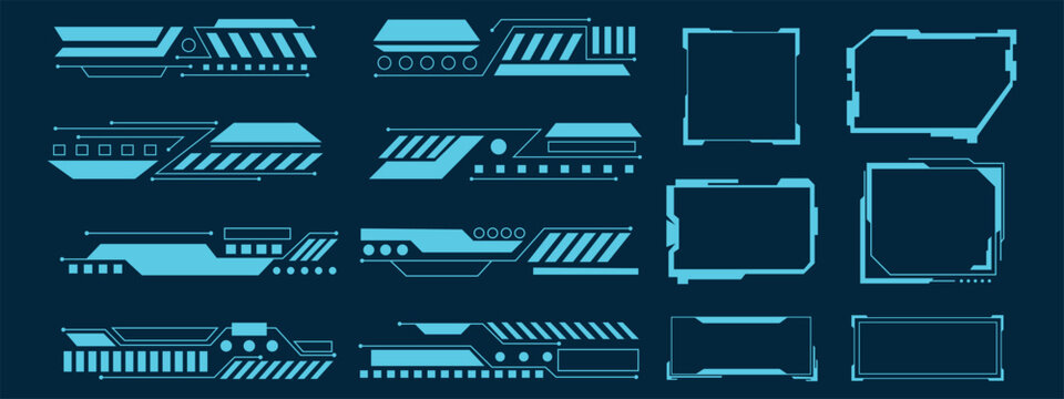 Quantum computing mainframe HUD interface frames and control tech bars. Vector illustration of neon cyan futuristic supercomputer processor screens, linear dot widgets, and digital telemetry panels.
