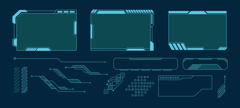 Smart car automotive HUD dashboard panels and EV telematics UI elements. Vector illustration of neon cyan futuristic vehicle console screens, data dot matrix grids, and digital telemetry frames.