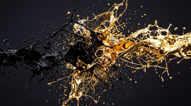 Abstract macro fluid dynamics of liquid gold and matte black ink colliding
