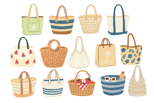 Vector collection of summer tote bags, hand drawn illustration of hand knitted bags, canvas bags, straw bags for your summer design.	
