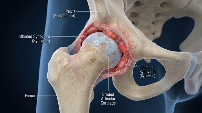 Close-up 3D illustration of a diseased hip joint with inflamed synovium
