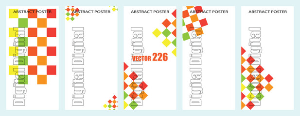 Naklejka premium Set of five vertical banners with colorful square mosaic patterns and geometric shapes in bright yellow orange and red gradient colors for modern design projects
