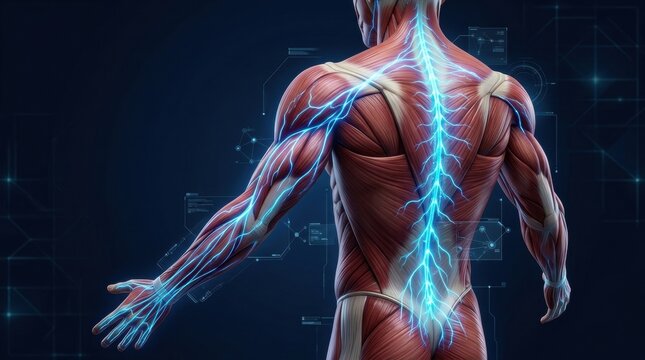 Anatomical illustration of human nervous system with glowing blue neural pathways