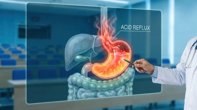 Doctor explains acid reflux condition with animated diagram of the digestive system