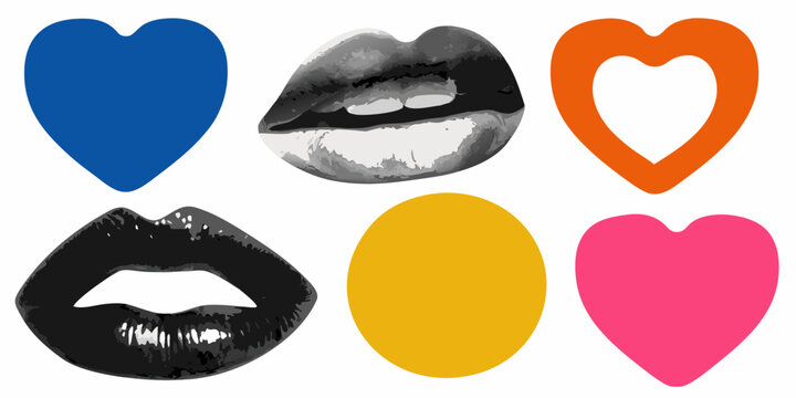 pop art lips and hearts colorful vector illustration on white