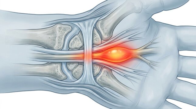 Illustration of a swollen median nerve in the carpal tunnel causing pain