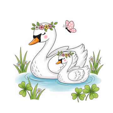 Graceful swans in a serene pond isolated on transparent background
