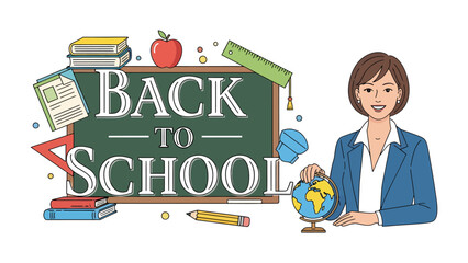 Back to School Readiness: A smiling teacher stands by a chalkboard adorned with Back to School text, surrounded by educational essentials like books, an apple, ruler, and globe. © Ahsan