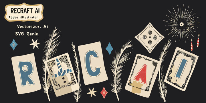 Collage style letters and floral elements on dark background