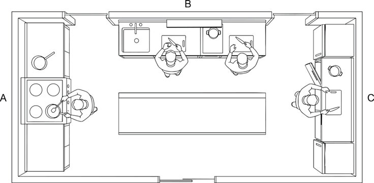Architectural kitchen floor plan vector, top view interior layout with people cooking, professional restaurant kitchen design blueprint