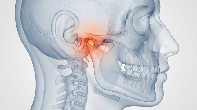 Close-up 3D illustration of a painful temporomandibular joint in the human skull