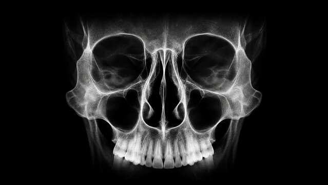 maxillary. An X-ray film showing the bone outline of the maxillary region against a black background. STEM education sheets, lab safety posters, designed for biotech research communications.