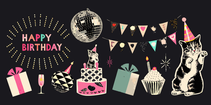 vector birthday sticker sheet with cats cake and party elements