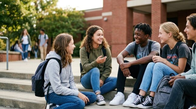 A group of students sitting on the steps of a school building, engaged in conversation.