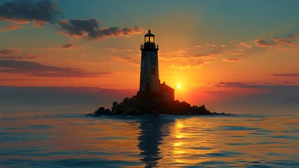 Fototapeta premium Lighthouse standing on rocky island sunset.