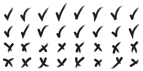 Fototapeta premium Hand drawn check mark and cross icon set vector, green tick and red wrong symbols collection, sketch style validation marks for approval, rejection and feedback UI design