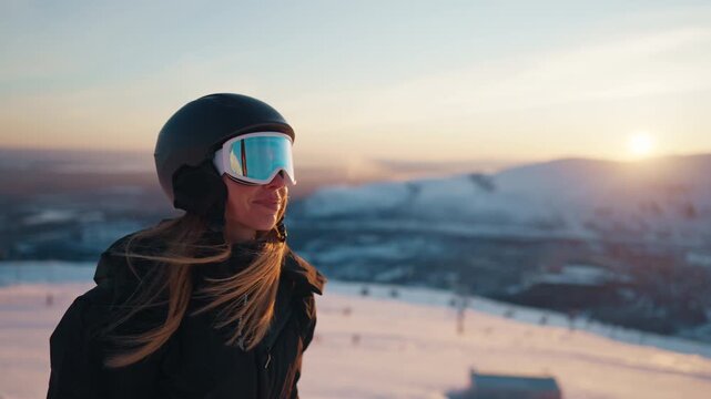 Equipped female snowboarder waking at mount top in ski resort, medium portrait. Young adult woman enjoying nature and extreme sport, snow slope for snowboarding and skiing, feel new experience