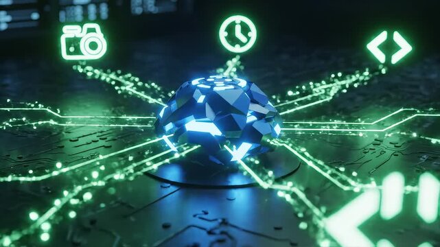 Futuristic digital brain with glowing icons representing smart infrastructure and data-driven solutions