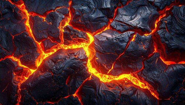 Close up view of molten lava flowing between cooled volcanic rock textures creating a dramatic natural background of geological power.