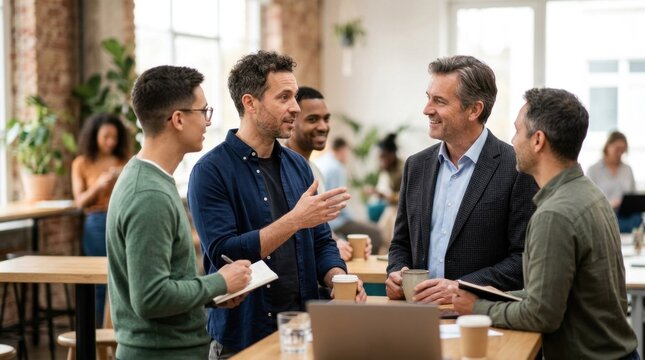 Four men in a casual business meeting in a modern office space with natural light, discussing work-related topics.