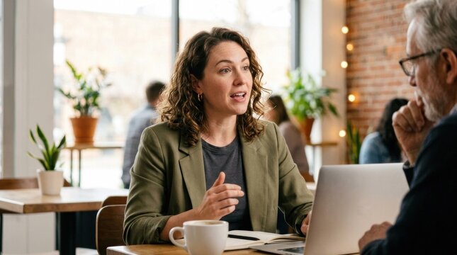 A woman in a green blazer and a man in a black shirt are sitting at a table in a cozy caf