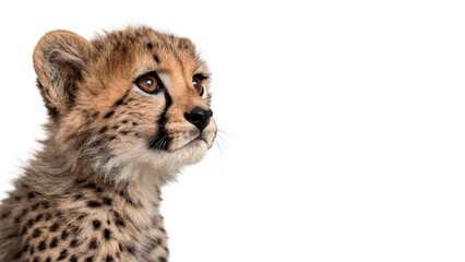 Cute young cheetah cub sitting and looking alertly with detailed spotted fur coat pattern on transparent background © golos-png