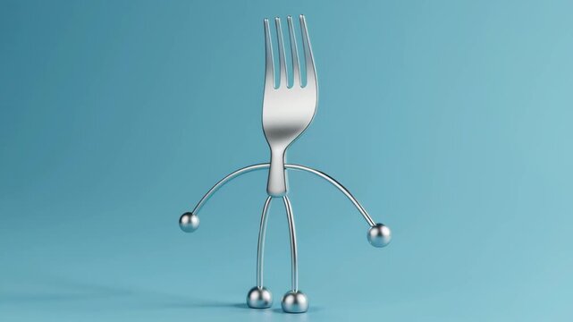 Silver fork character with round ball feet stands upright, showcasing a playful design against a soft blue background in a whimsical, artistic representation