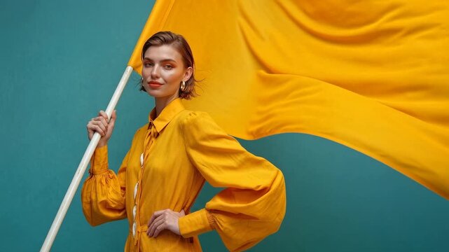 Woman in yellow dress holding a flowing yellow flag against a teal background. A stylish woman poses with large orange fabric, creating dynamic artistic movement