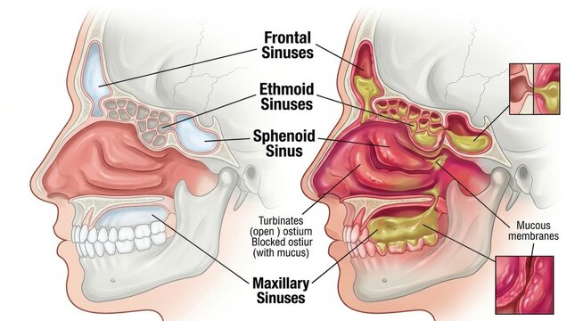 Anatomical illustration of human nasal sinuses and their inflammation