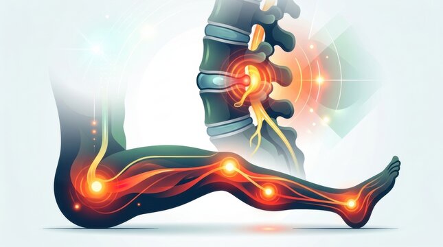 Sciatica pain radiating from the spine down the leg and foot