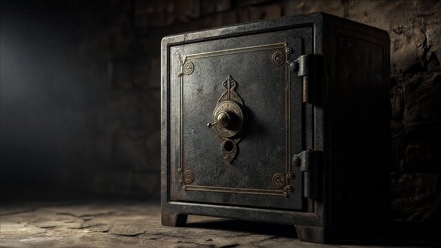 firmly. An antique iron safe with its door shut on a stone floor, keyhole in shadow. real-estate listings.