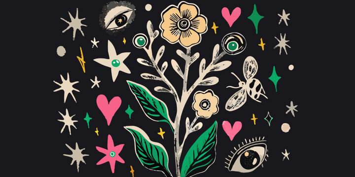 whimsical nature collage with eyes and flowers on dark background