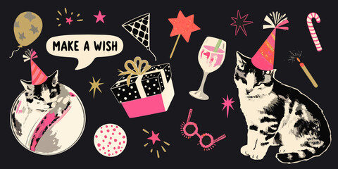birthday sticker sheet vector illustration with cats and party elements © Ajay