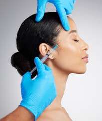 Plakat Beauty, studio and woman with syringe for plastic surgery, dermal filler or anti aging treatment. Profile, injection or person with cosmetics for dermatology, change and skincare on white background