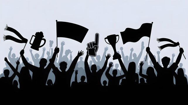 Football fans celebration vector illustration of crowd cheering with trophies and flags