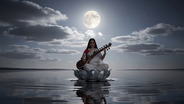 Woman playing sitar under full moon.