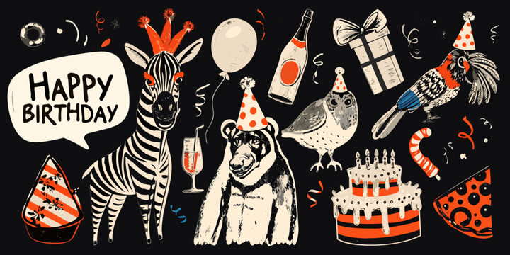 vector birthday party collage featuring animals and festive elements