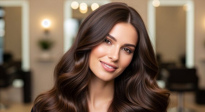Elegant Woman with Shiny, Luxurious Hair Posing in a Modern Salon Environment with Soft Lighting and a Warm Smile