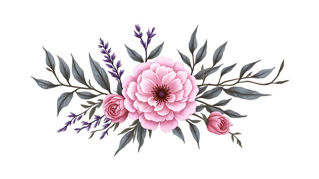 Vintage style bouquet with faded purple roses and dried leaves in soft muted tones, paired with romantic watercolor bouquet of blush pink peonies and rustic frame with sunflowers and wheat stalks


