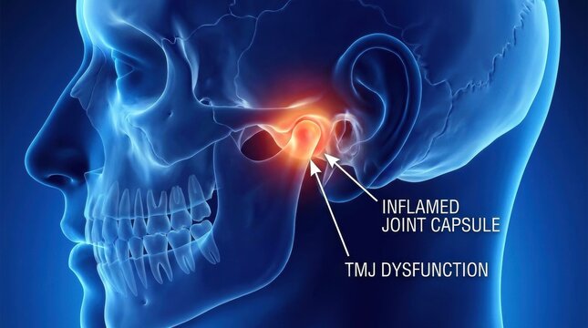 3D illustration of inflamed temporomandibular joint dysfunction and pain