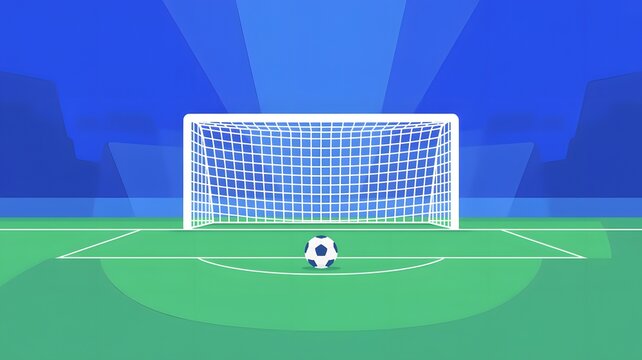 Football goal with soccer ball on green field ready for match