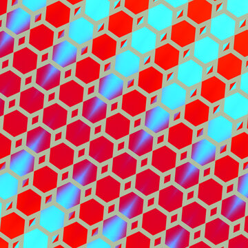 Pattern astratto con esagoni ripetuti e gradienti vivaci rosso‑ciano, design moderno e dinamico ideale per sfondi digitali, progetti creativi e arte geometrica contemporanea