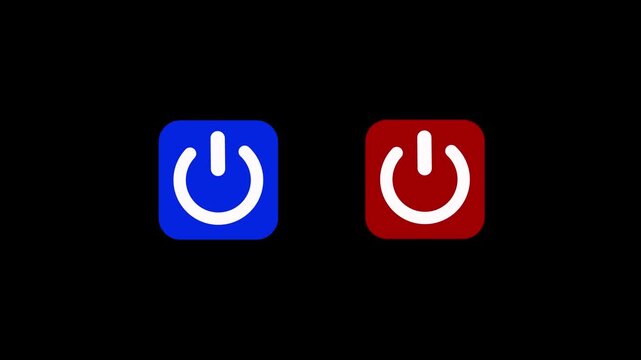 Dual icon showing blue power on and red power off buttons animation with black background. Power switch start-stop symbol side by side offering quick control for activating or deactivating any device