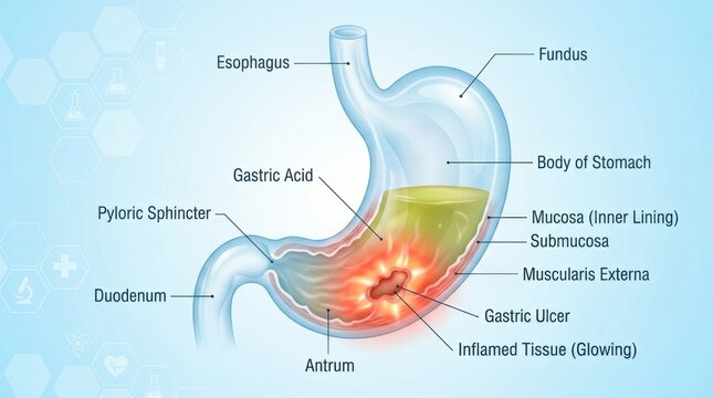 Anatomical illustration of a human stomach showing a gastric ulcer and inflamed tissue